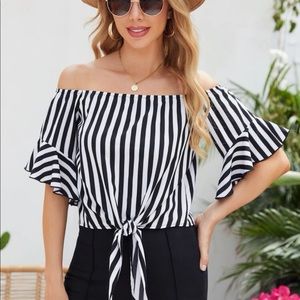 Bardot Black White Striped 3/4 Sleeve Off Shoulder Tie Cuff Top. Large. NWOT